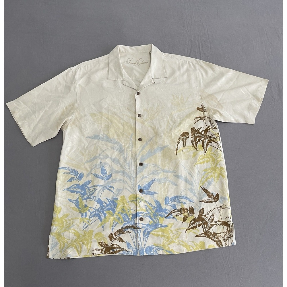 Tommy Bahama Mens Large Silk Camp Shirt Cream Tropical Leaf Print Short Sleeve